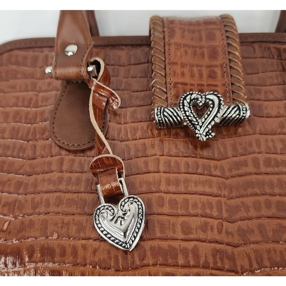 Womens Purse Brown Faux Croc Heart Charm Mom Core Braided Trim Clutch Bag - Picture 4 of 16